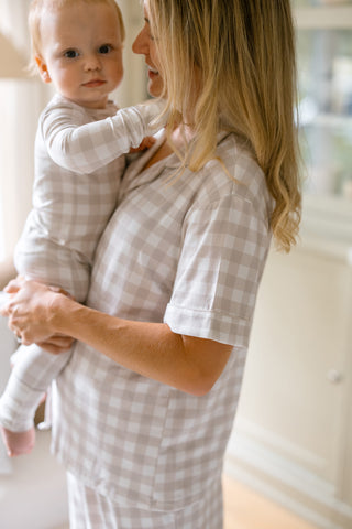 Women's Short Sleeve Bamboo Pajama Set - Oat Gingham