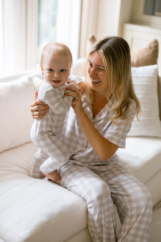 Women's Short Sleeve Bamboo Pajama Set - Oat Gingham