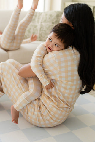 Women's Short Sleeve Bamboo Pajama Set - Yellow Gingham