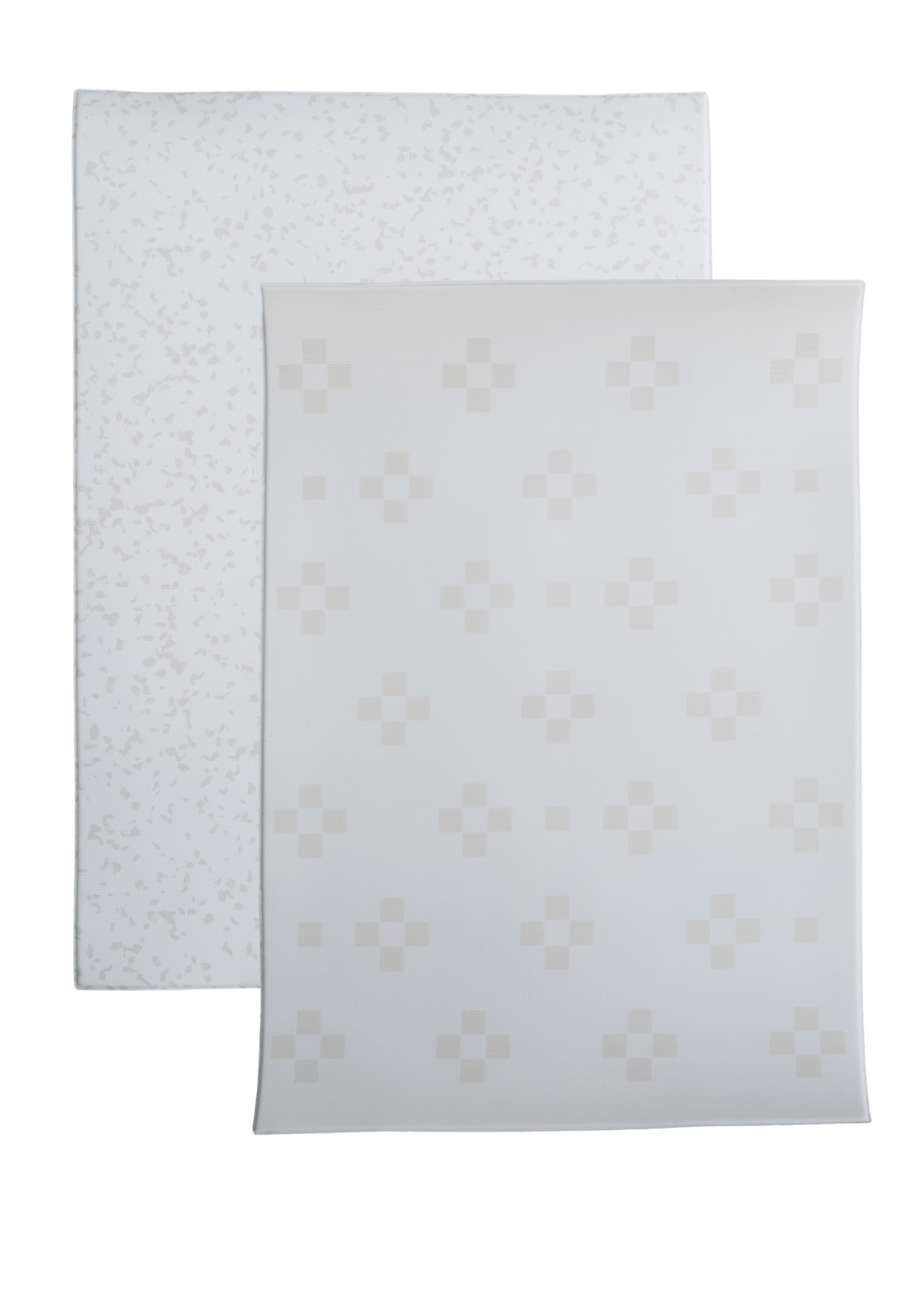 Image of both sides of a single piece, reversible padded play mat. One side is Taupe Squares and the other side is a Terrazzo design.